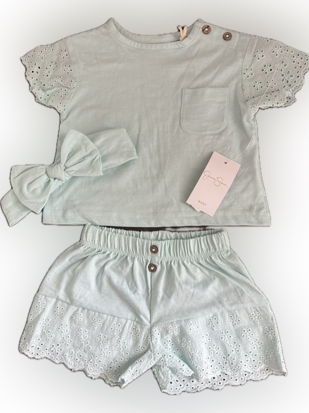 3 Piece Set Jessica Simpson Baby Short Sleeve Top Shorts Bow Headband